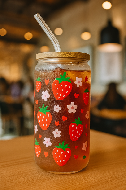 Strawberry Glass Jar with Bamboo Lid & Straw – 16oz