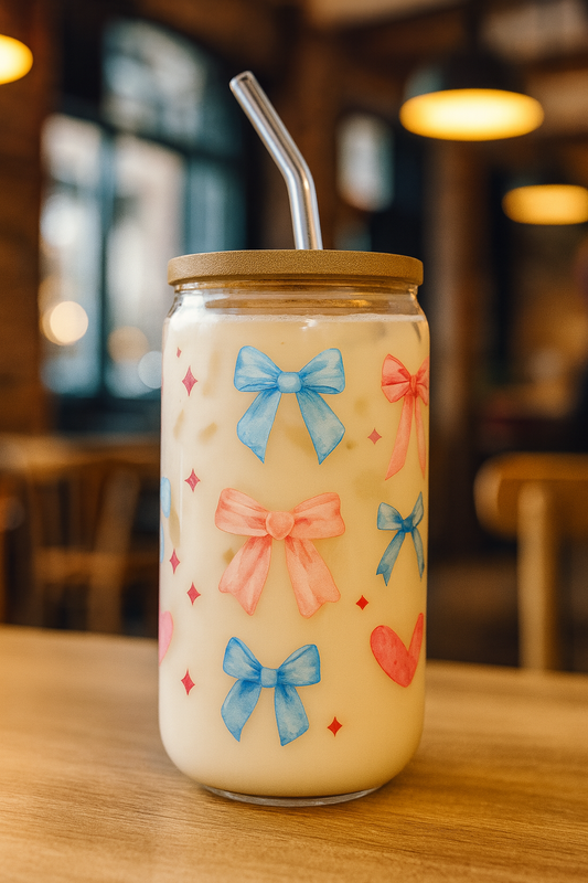 Bow Glass Jar Cup with Bamboo Lid & Straw – 16oz