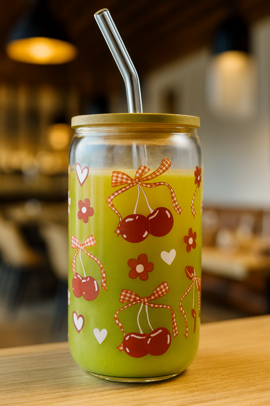 Cherry Glass Jar Cup with Bamboo Lid & Straw – 20oz