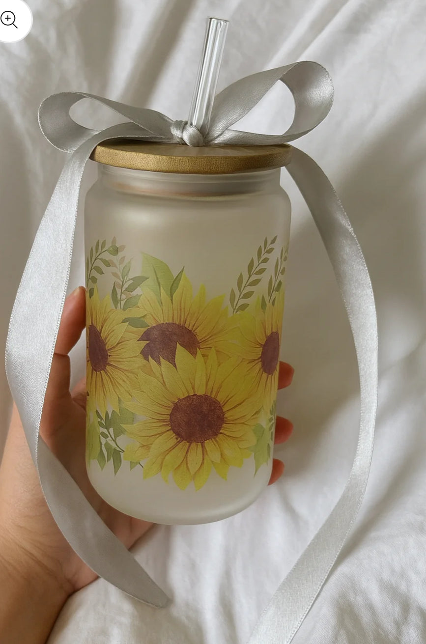 Sunflower Bliss Frosted Glass Jar – 16oz