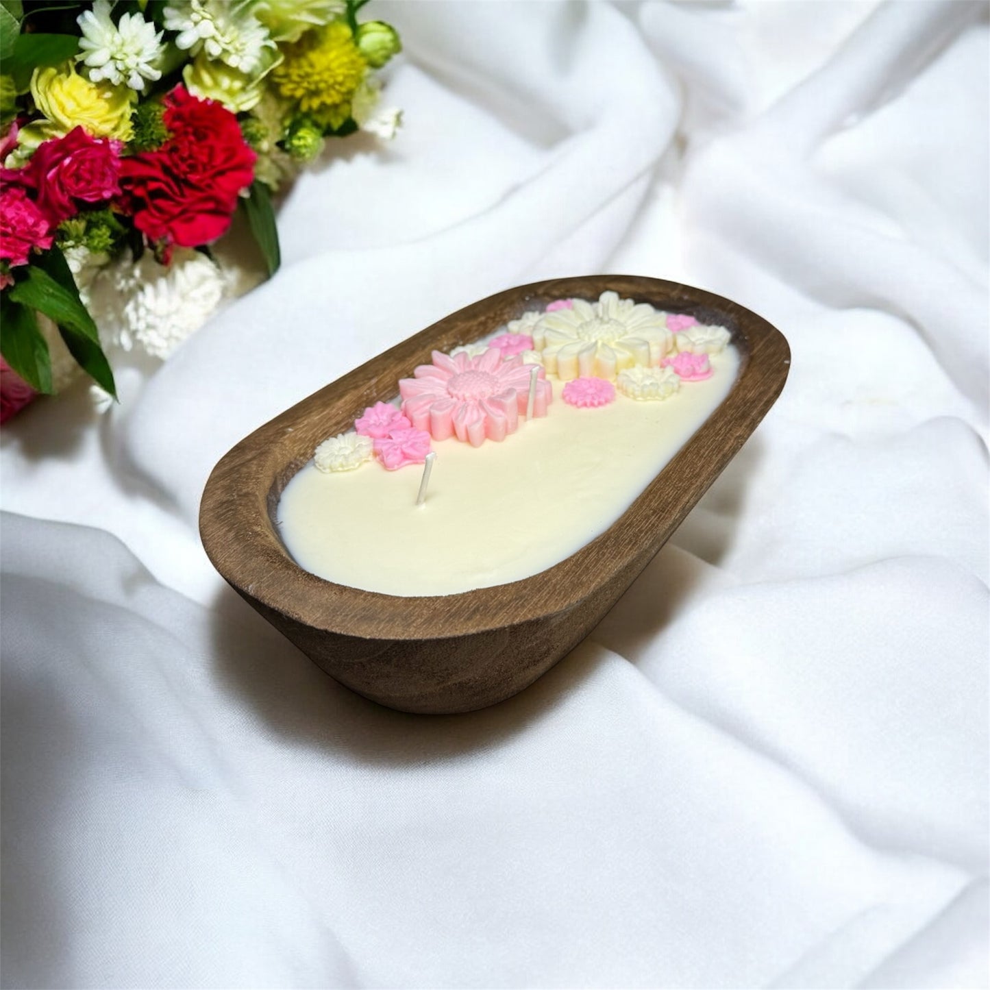 Vanilla Floral Dough Bowl Candle – Hand-Poured Soy Wax in Rustic Wooden Bowl