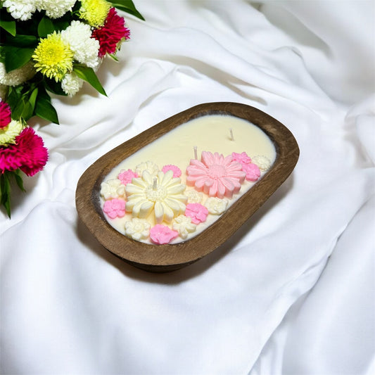 Vanilla Floral Dough Bowl Candle – Hand-Poured Soy Wax in Rustic Wooden Bowl