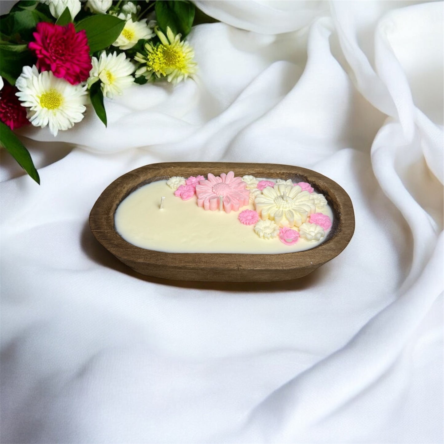 Vanilla Floral Dough Bowl Candle – Hand-Poured Soy Wax in Rustic Wooden Bowl